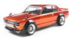 Diecast model car in metallic orange, 1:18 scale classic sports coupe with black accents