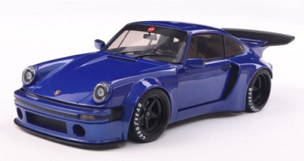 1:18 scale blue diecast Porsche model car with black wheels and rear spoiler