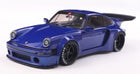 1:18 scale blue diecast Porsche model car with black wheels and rear spoiler