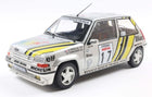 1:18 scale diecast Renault 5 rally model car, silver with racing decals and sponsor logos