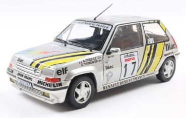 1:18 scale diecast Renault 5 Turbo rally car model with racing decals and silver finish