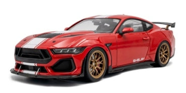 Red diecast model sports car with white racing stripes and gold wheels, 1:18 scale