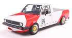 1:18 scale diecast Volkswagen pickup model, red and white racing livery, gold wheels