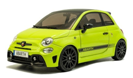 1:18 scale diecast model car, lime green Abarth 500 with black roof and detailing