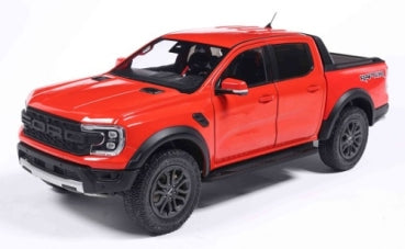 Red diecast model Ford pickup truck in 1:18 scale with detailed exterior features