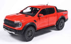 Red diecast model Ford pickup truck in 1:18 scale with detailed exterior features