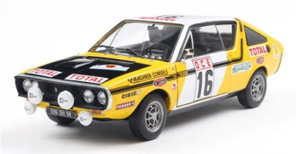 1:18 scale yellow and black diecast rally car model with racing decals and number 16