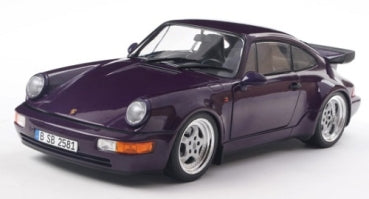 Purple diecast Porsche 911 model car with spoiler, 1:18 scale, detailed exterior