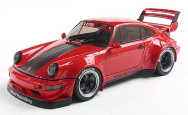 Red diecast model car with black racing stripes and rear wing, 1:18 scale collectible.