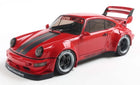 Red diecast Porsche model car with black racing stripes, wide body kit, and rear wing