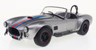 1:18 scale diecast silver classic roadster model car with racing stripes and black wheels