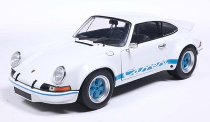 White diecast Porsche model car with blue Carrera accents and blue wheels, 1:18 scale