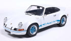 White diecast Porsche model car with blue Carrera accents and blue wheels, 1:18 scale