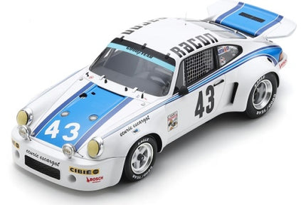 1:18 scale diecast model car, white with blue racing stripes, number 43, race livery.