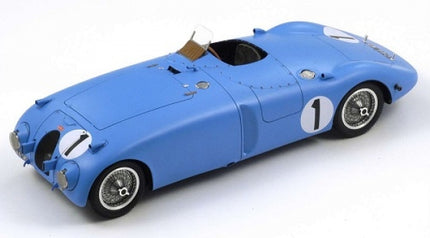 Blue diecast vintage race car model with open cockpit and number 1 decals on doors and hood