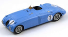 Blue diecast vintage race car model with open cockpit and number 1 decals on doors and hood