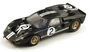 1:43 scale black diecast model race car with white stripes and number 2, gold wheels
