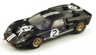 1:18 scale black diecast Ford GT40 model car with white racing stripes and number 2 decals