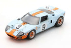 1:18 scale diecast model car, light blue with orange racing stripes and number 9 decals