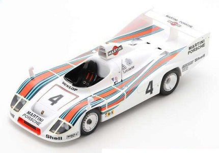 1:18 scale diecast Porsche race car model, white with Martini Racing livery and number 4