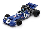 Blue diecast Formula 1 model car with number 9, vintage racing design, driver figure included.
