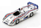 Diecast model of a white Porsche race car with blue and red stripes and Martini livery.