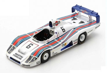 1:18 scale diecast Porsche race car with Martini livery, detailed cockpit, blue rear wing