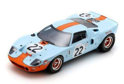 1:18 scale diecast blue Ford GT40 race car model with orange stripe and number 22 decals