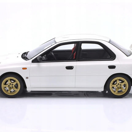 1:18 scale white Subaru Impreza WRX Type RA STi 2000 diecast model car side profile view