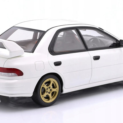 1:18 scale white Subaru Impreza WRX Type RA STi 2000 diecast model car rear three-quarter view