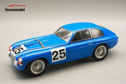 Blue diecast model race car with number 25, detailed wheels, Tecnomodel logo visible