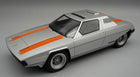 1:18 scale silver diecast model car with orange racing stripes, detailed classic sports design