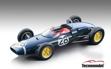 1:18 scale diecast classic race car model, dark green with yellow wheels, number 28, open cockpit
