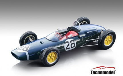 Diecast 1:18 classic Formula 1 model car with number 28, dark green body, yellow wheels