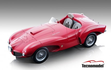 Red diecast 1:18 scale vintage sports car model with wire wheels and open cockpit