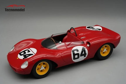 Red diecast race car model with yellow wheels, number 64, detailed open cockpit
