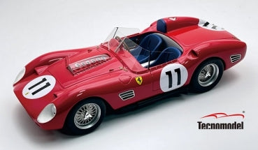 Red classic Ferrari race car diecast model with number 11 and blue seats, Tecnmodel logo
