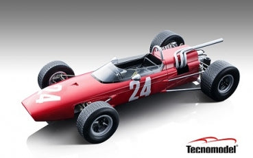 Red vintage Formula 1 diecast model car with number 24, detailed tires and exposed engine.