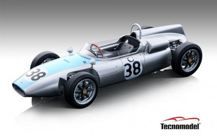 1:18 scale diecast classic Formula 1 race car model, silver and blue, number 38, Tecnomodel
