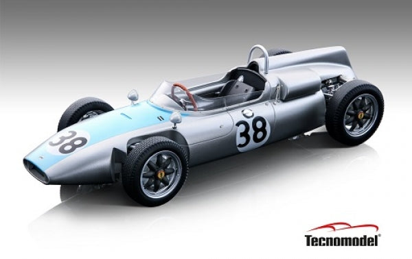 1:18 scale diecast classic Formula 1 race car model, silver and blue, number 38, Tecnomodel