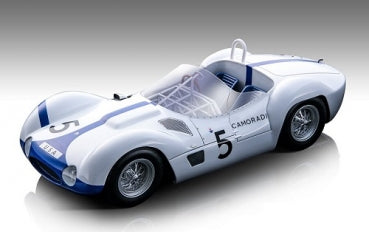 1:18 scale white diecast classic race car model with blue stripes and number 5 detailing