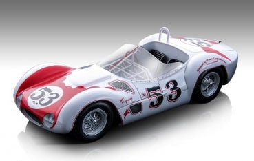 White and red diecast race car model with number 53, open cockpit, and vintage design.