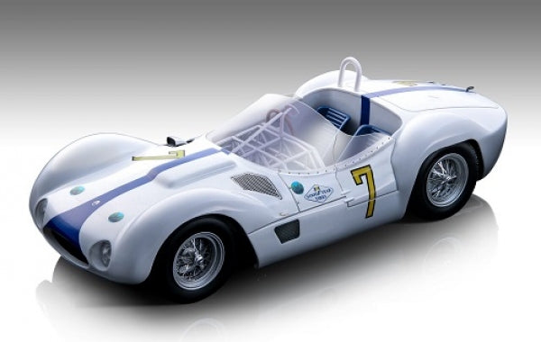 1:18 scale diecast model of a classic white race car with blue stripes and number 7 detailing