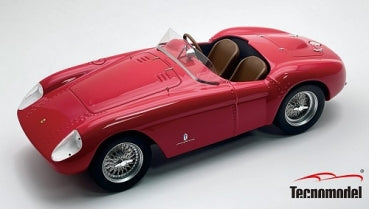 Red classic diecast model sports car with tan seats and wire wheels on white background