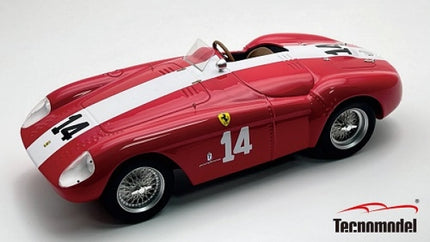 Red Ferrari diecast model car with white racing stripe and number 14, Tecnomodel branding