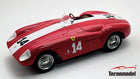 Red Ferrari diecast model car with white racing stripe and number 14, Tecnomodel branding