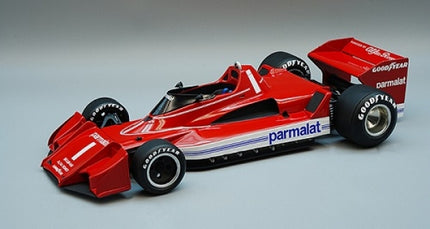 Red diecast Formula 1 model car with Parmalat and Goodyear branding, 1:18 scale