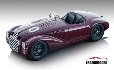 Burgundy vintage diecast model car with detailed grille and racing number, Tecnomodel brand.