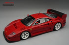 Red Ferrari F40 diecast model car in 1:18 scale with white wheels on gray background.