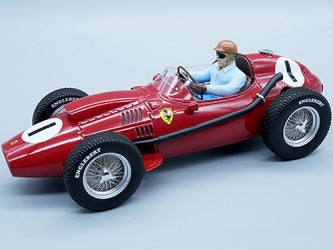 1:18 scale red Ferrari vintage race car model with driver figure, detailed tires and decals